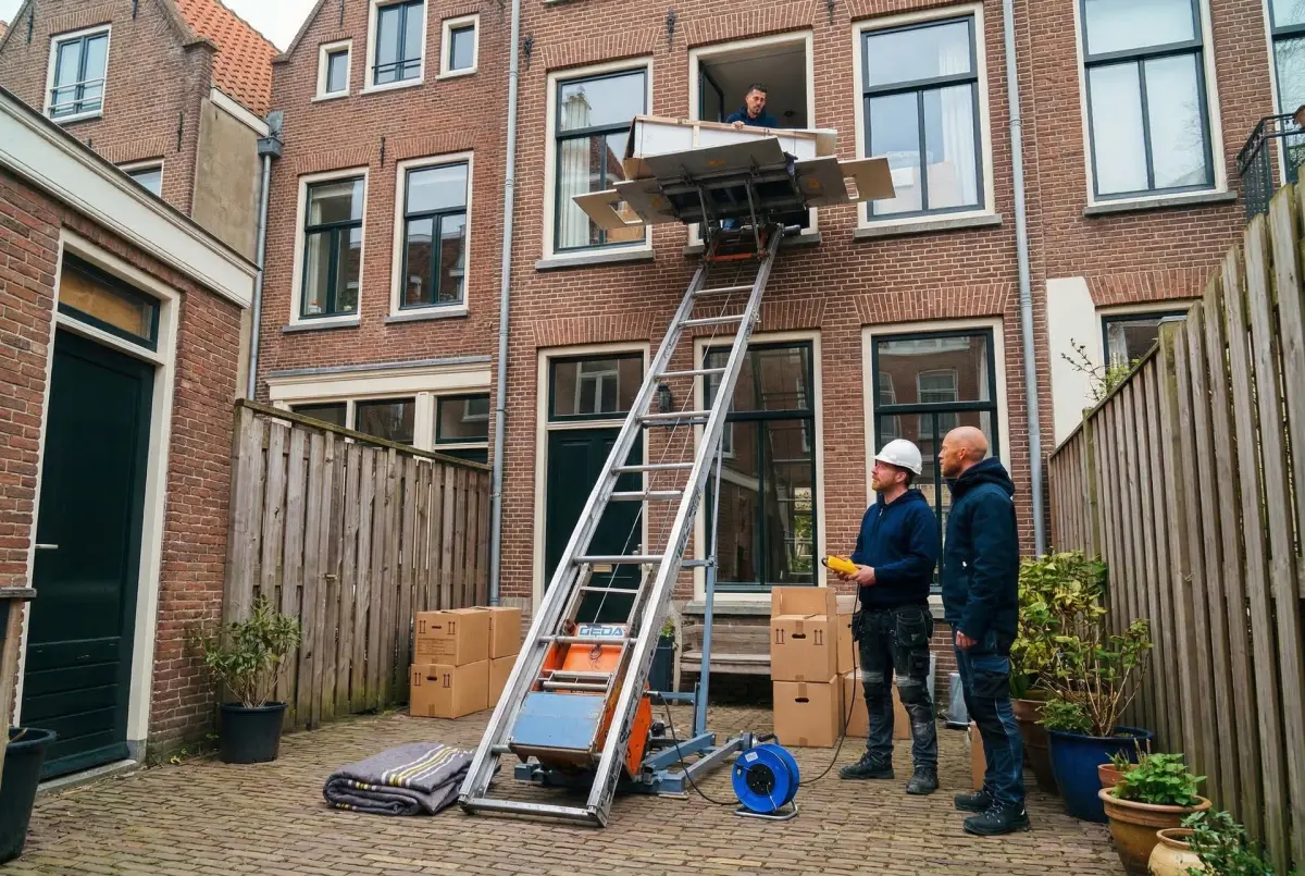 Team van Verhuislift Huren Delft plaatst lift bij woning Den Haag