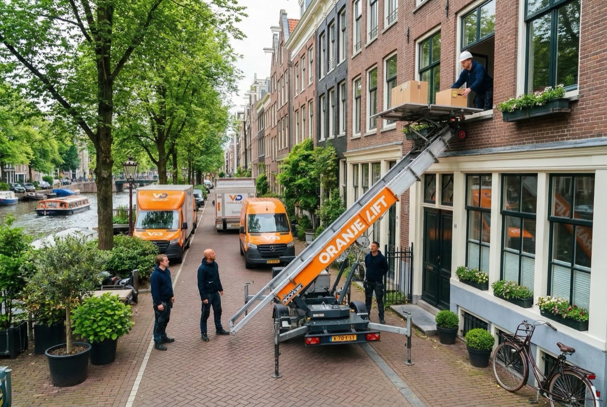 Meubellift aan de gracht in Delft