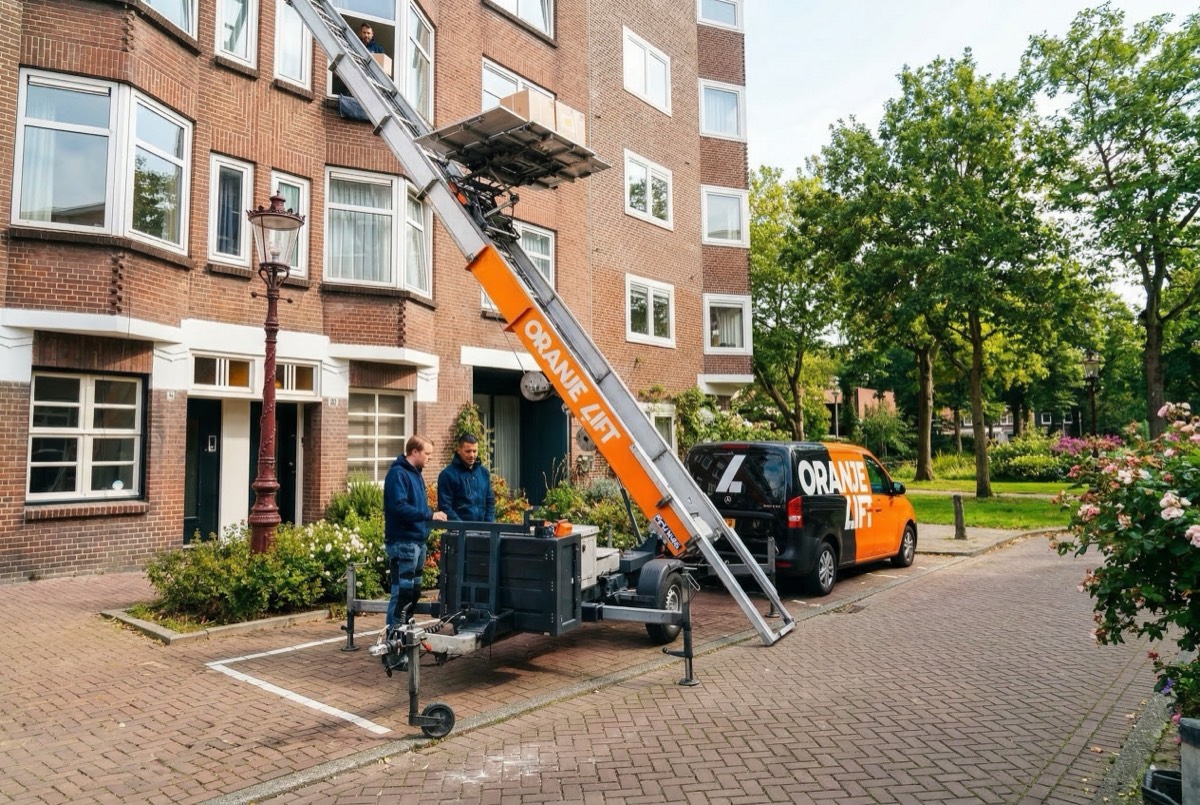 OrangeLift team met verhuislift in woonwijk